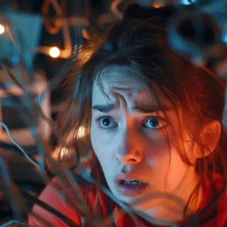 a frustrated woman surrounded by tangled wires and broken computer screens, trying to troubleshoot email delivery issues.